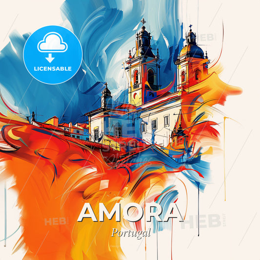 Vibrant Amora, Portugal - A Painting Of A Building With A Colorful Background - Square format print template