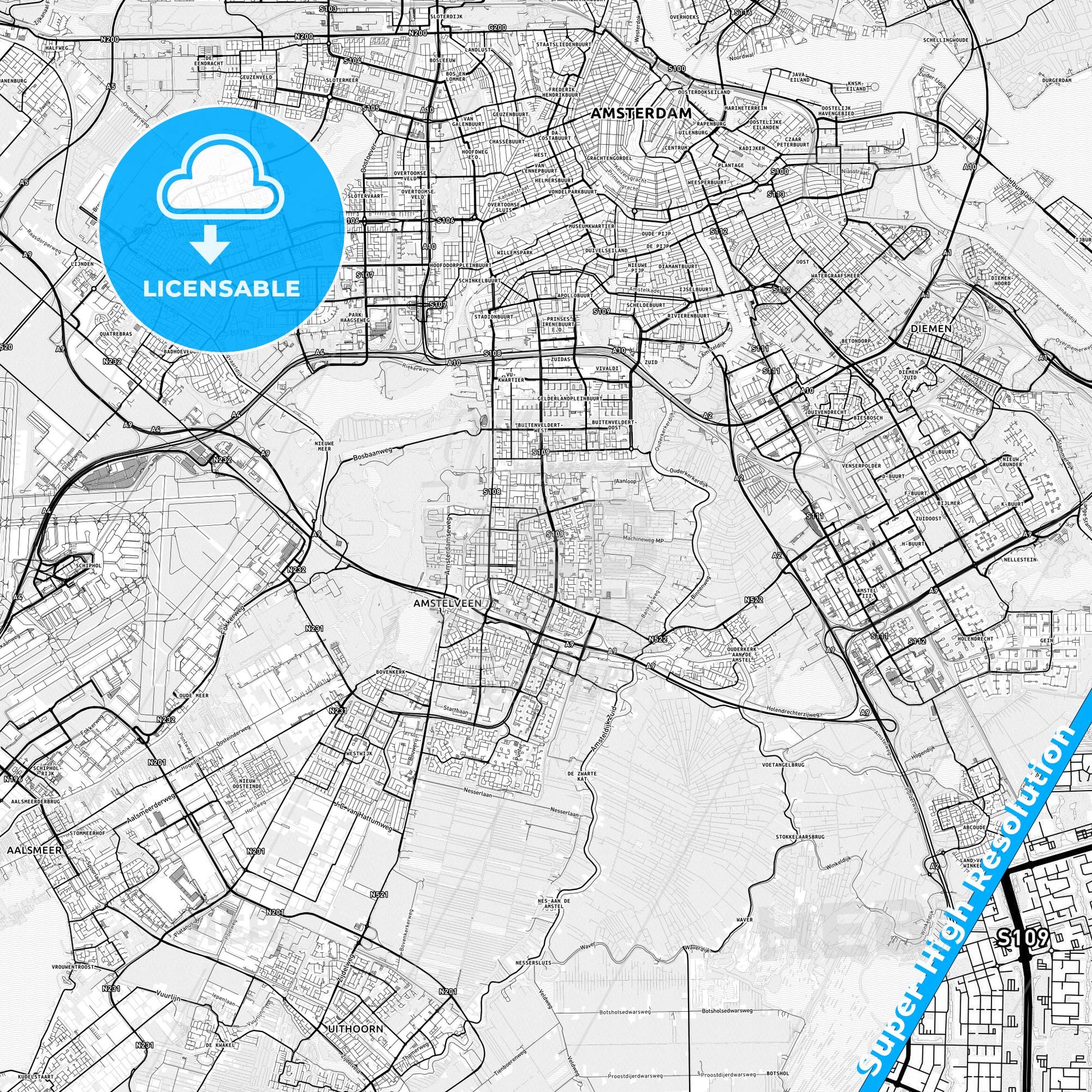 Amstelveen, Netherlands light map with streetnames, citynames and districts
