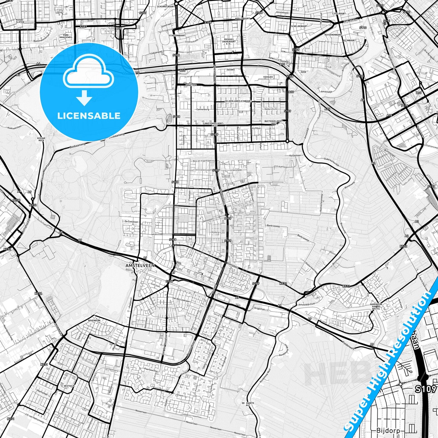 Amstelveen, Netherlands Light Map with Street Names, City Names, and Districts
