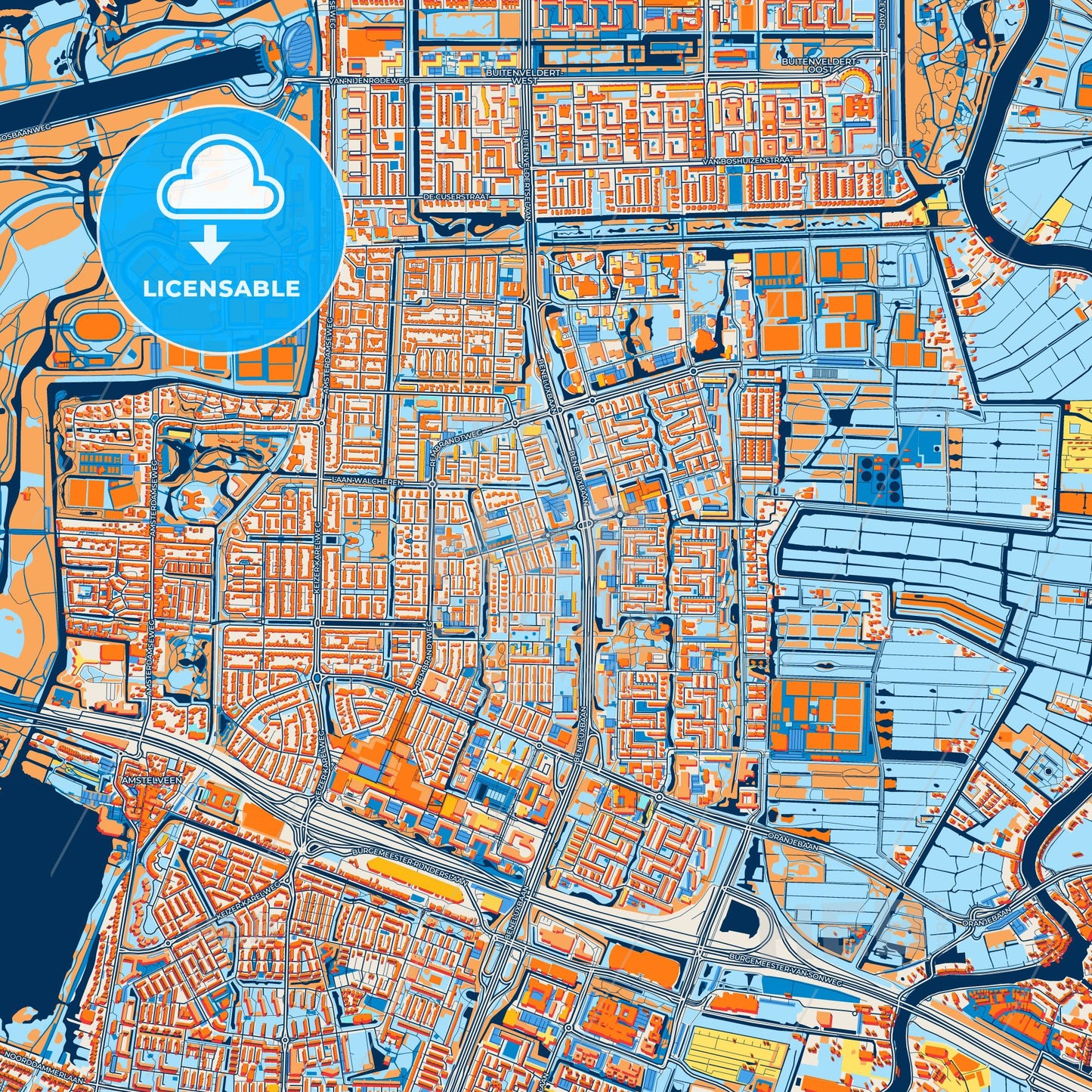 Colorful Amstelveen Street Map with Labels and Buildings