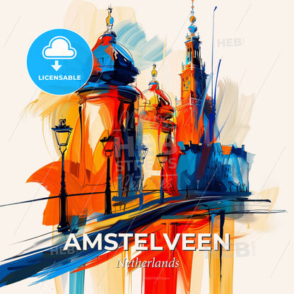 Vibrant Amstelveen, Netherlands - A Painting Of A Bridge With A Bridge And A Bridge With Towers - Square format print template