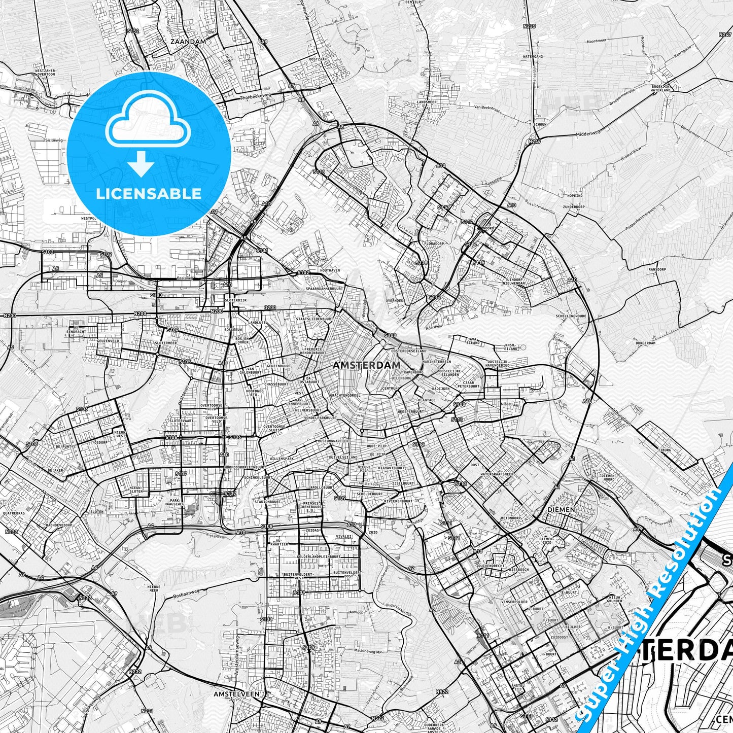 Amsterdam, Netherlands light map with streetnames, citynames and districts