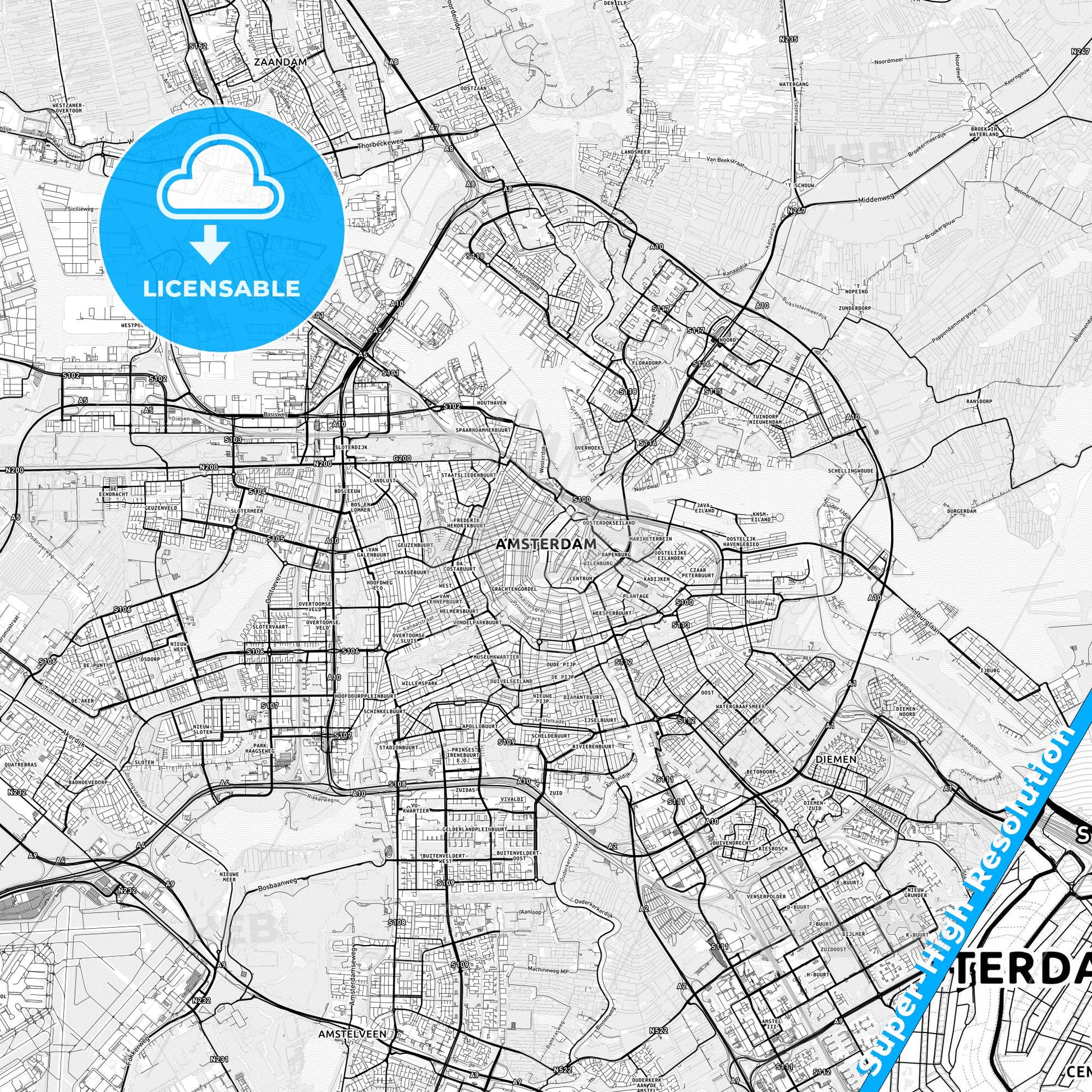 Amsterdam, Netherlands light map with streetnames, citynames and districts