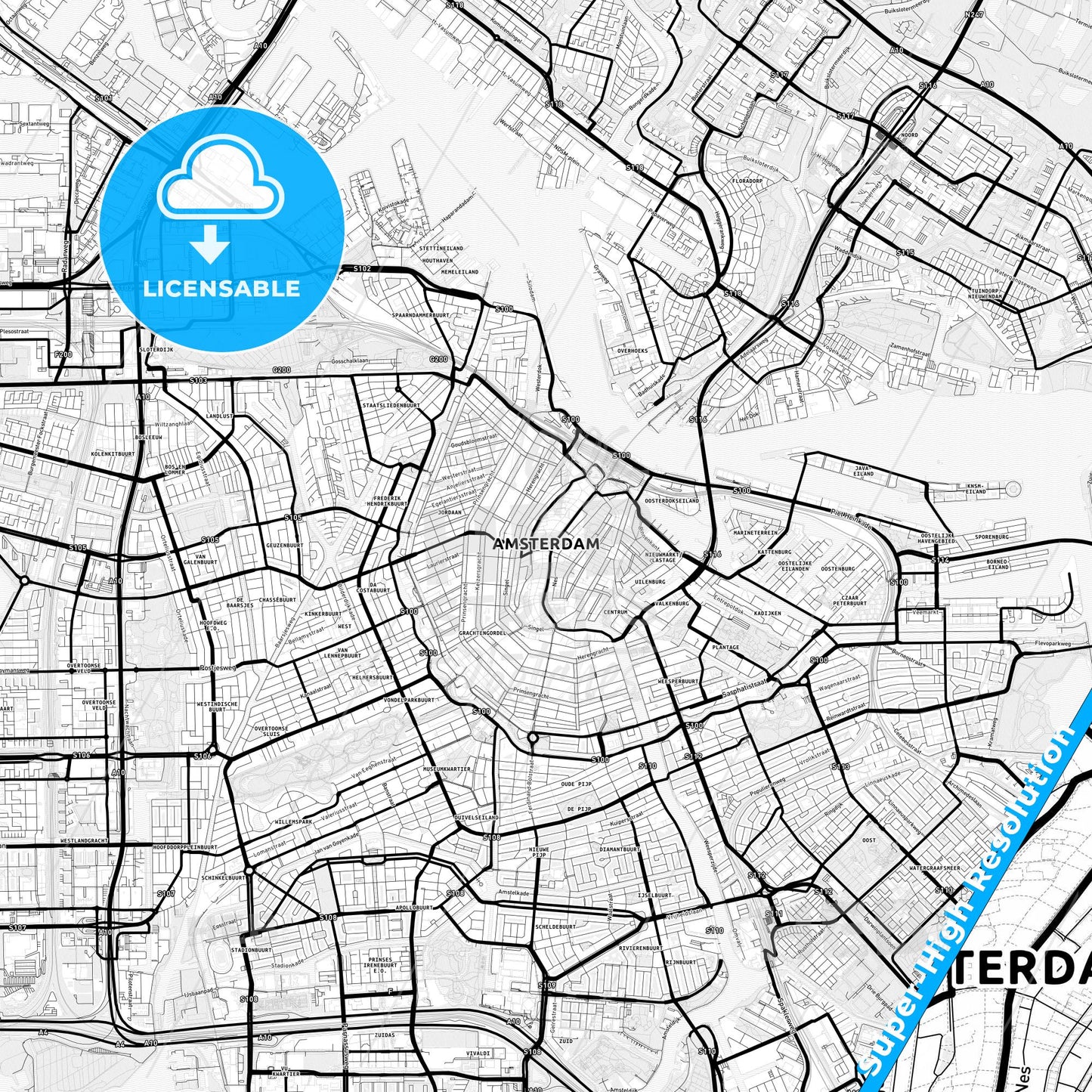 Amsterdam, Netherlands Light Map with Street Names, City Names, and Districts