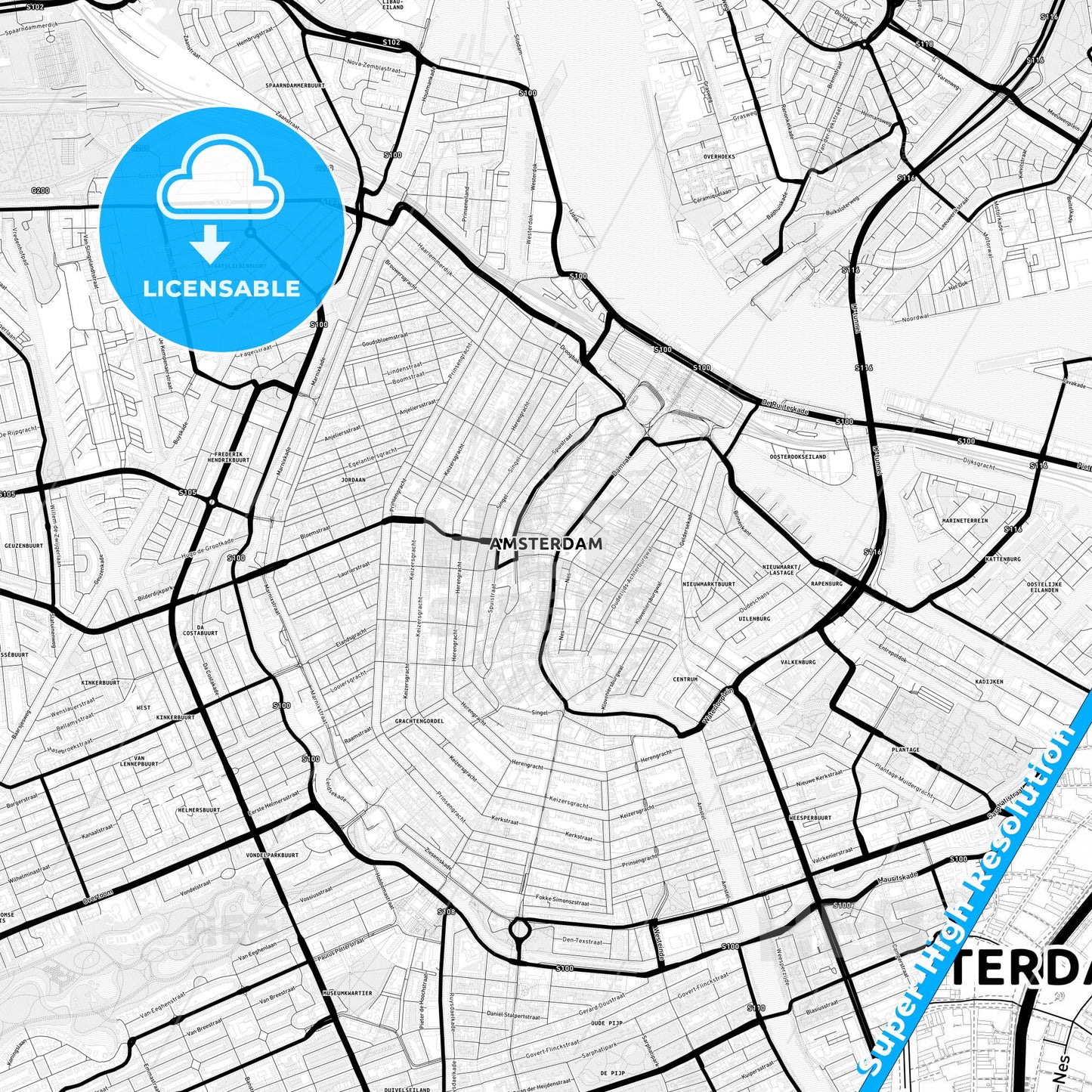 Amsterdam, Netherlands Light Map with Street Names, City Names, and Districts