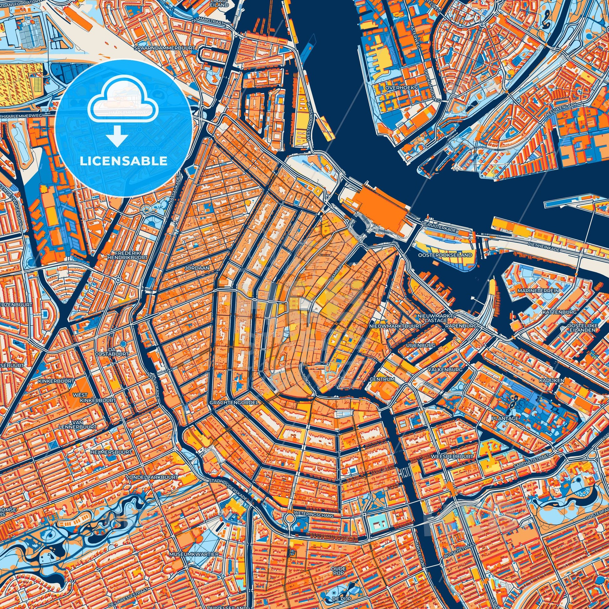 Colorful Amsterdam Street Map with Labels and Buildings