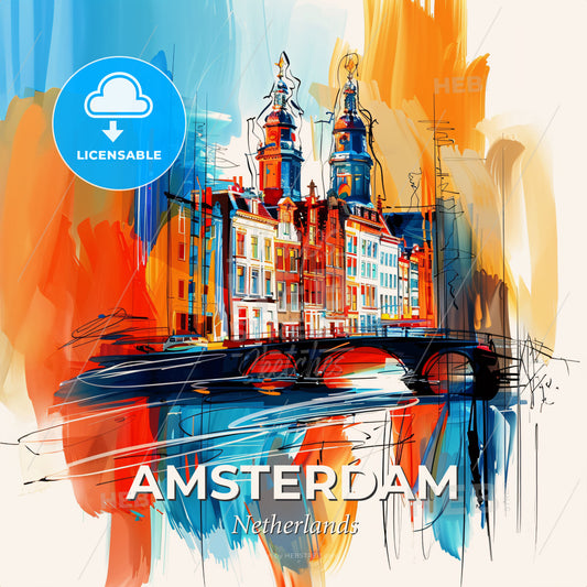 Vibrant Amsterdam, Netherlands - A Painting Of A Building And A Bridge - Square format print template