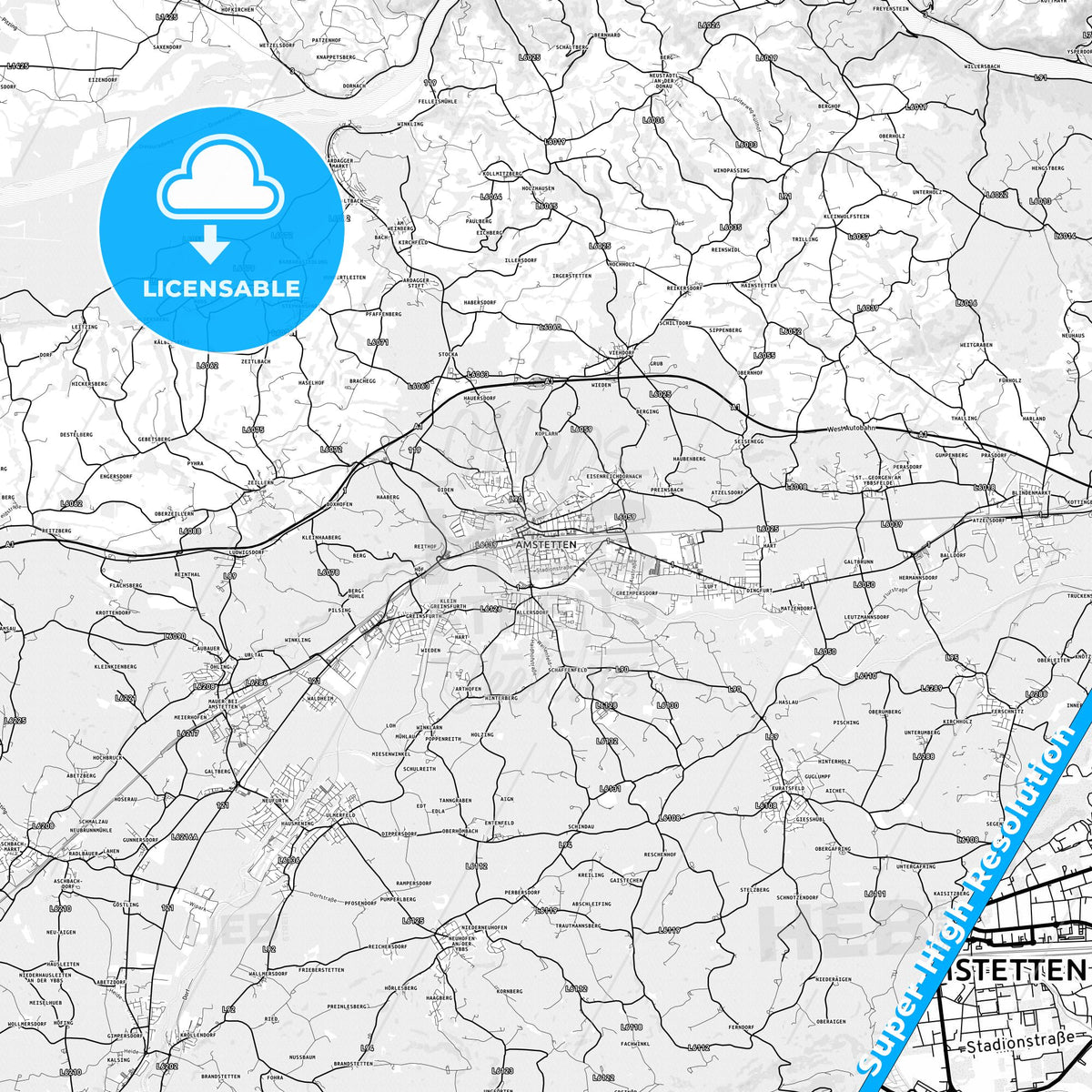 Amstetten, Austria light map with streetnames, citynames and districts