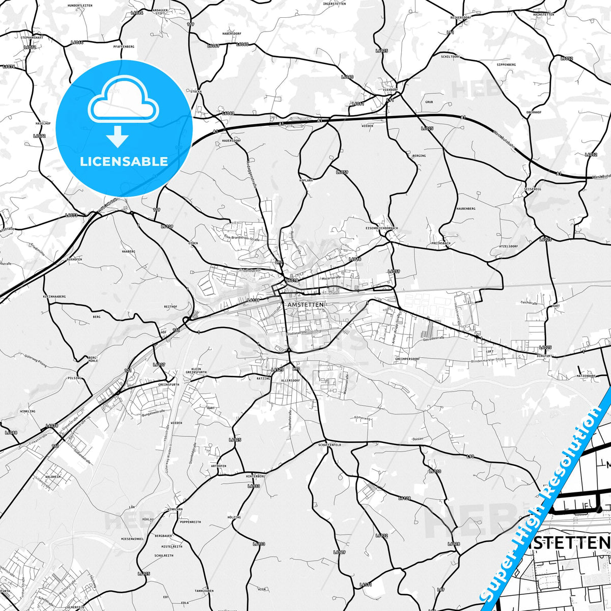 Amstetten, Austria Light Map with Street Names, City Names, and Districts