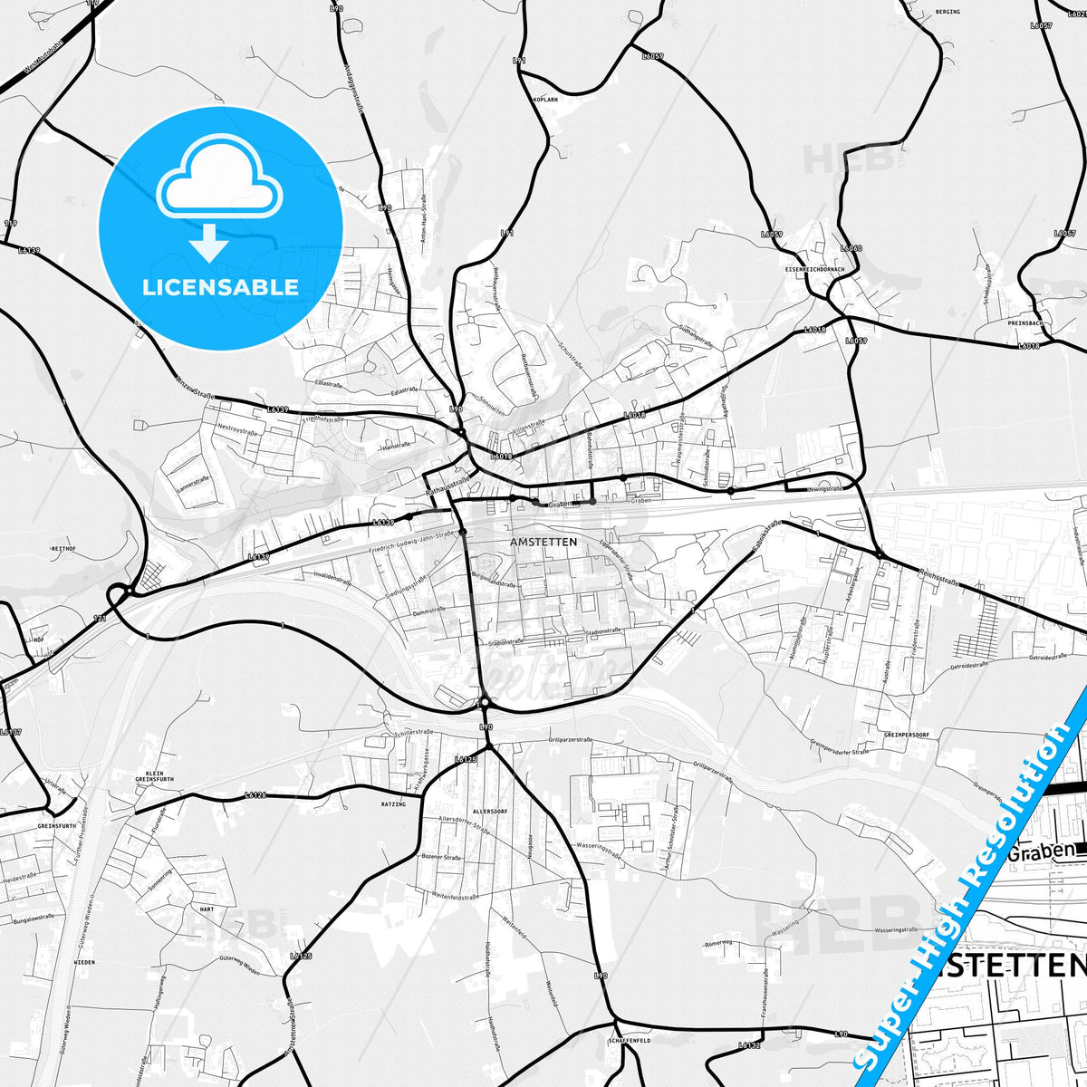 Amstetten, Austria Light Map with Street Names, City Names, and Districts