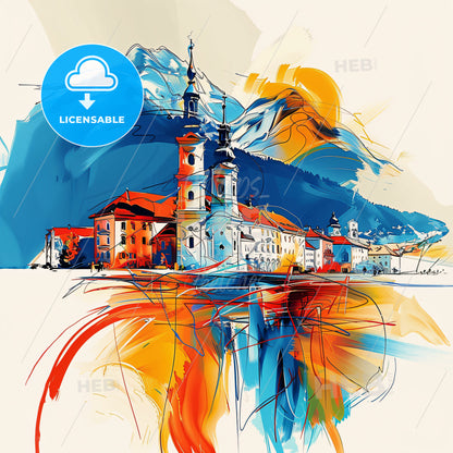 Vibrant Amstetten, Austria - A Painting Of A Building With A Mountain In The Background