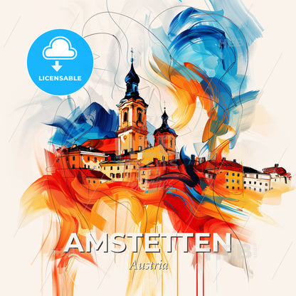 Vibrant Amstetten, Austria - A Painting Of A Building With A Tower And Colorful Smoke - Square format print template