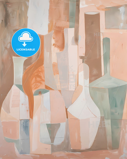 Nature-Inspired Abstract Painting with Vases and Bottles in Light Pink, Light Brown, Orange, and Green