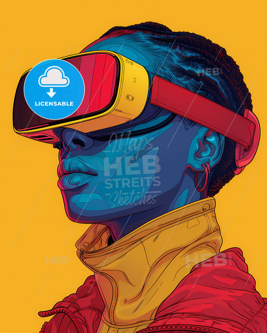 African woman wearing VR headset immersed in vibrant abstract art with modern African design in pastel colors, showcasing female empowerment and technology