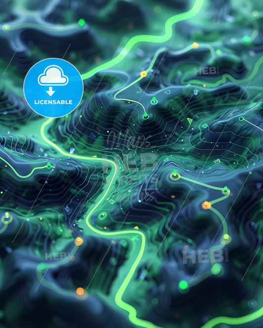 Contemporary Digital Art, Vibrant Map Painting, Location Tracking App, Emerald Navy Hues, Suburban Ambiance, Dynamic Lines, Zone System, Neon Green Mountain