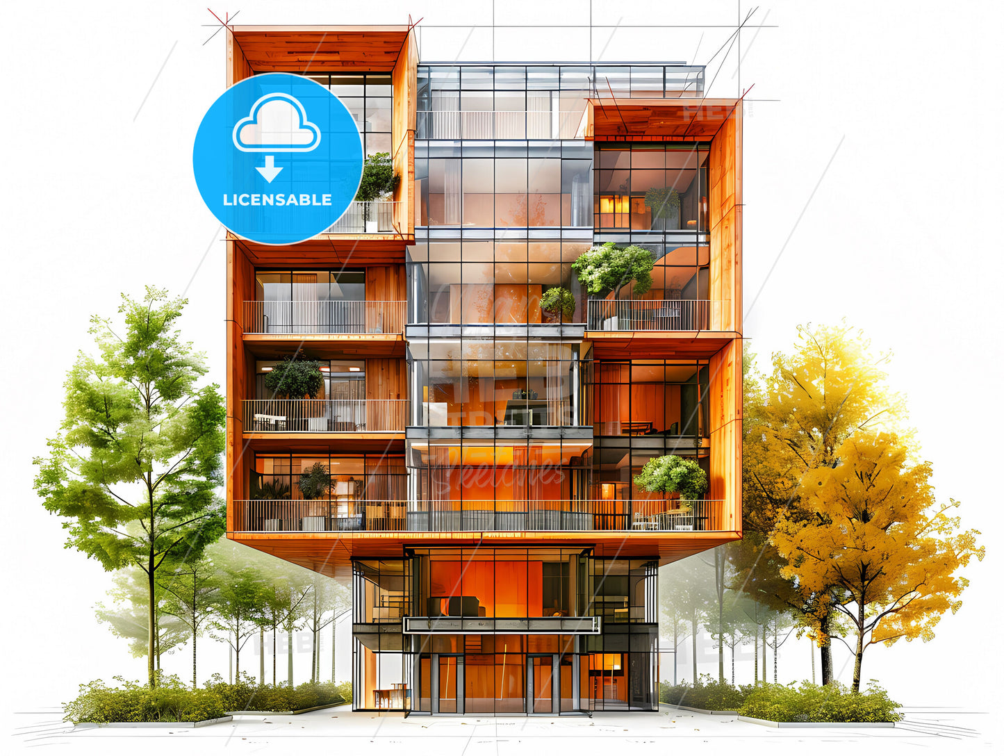 Architectural Drawing of Modern Building Concept for T-Shirt Design with Vibrant Artistic Elements and Background Landscape