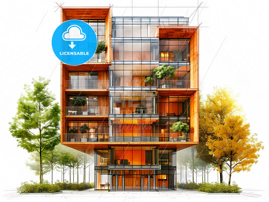 Architectural Drawing of Modern Building Concept for T-Shirt Design with Vibrant Artistic Elements and Background Landscape