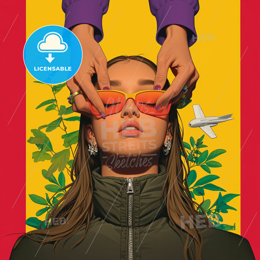 An Astronaut In The Style Of Surreal Comic Scene - A Woman Wearing Sunglasses And A Pair Of Hands