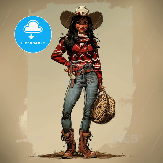 An Illustrated Depiction Of A Girl With An Illustrative Feel - A Cartoon Of A Woman Wearing A Cowboy Hat And Sweater