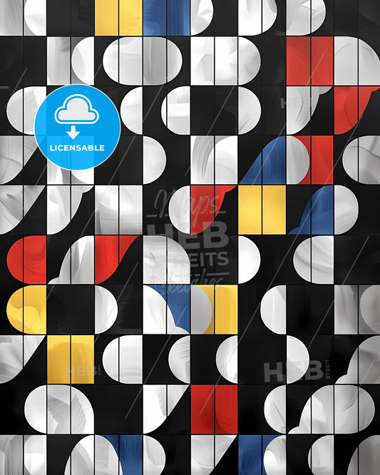 Colorful Geometric Abstract Art: Rotated Half Circles in Grid Formation Creating Vibrant Squares Pattern