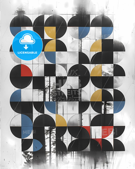 Half-Circle Grid Painting: Colorful Abstract Art with Rotated Shapes, Trees, and Nature-Inspired Background