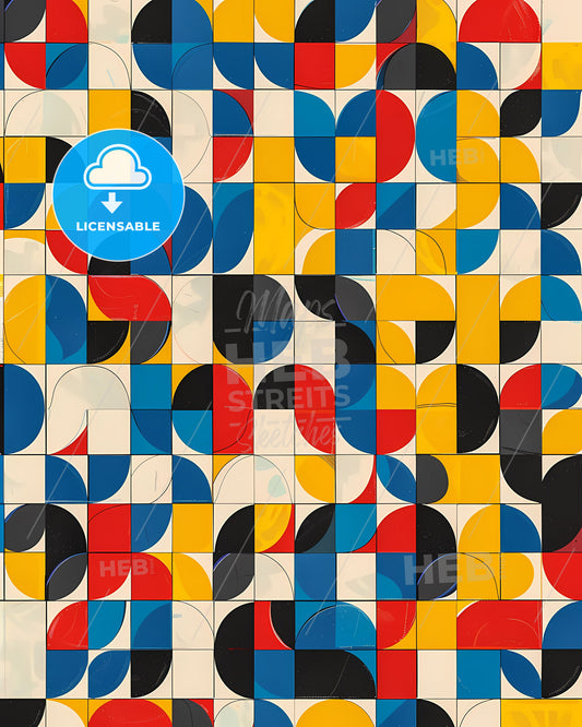 Abstract Art Print: Colorful Geometric Circles and Squares in Grid Pattern with Random 90-Degree Rotations