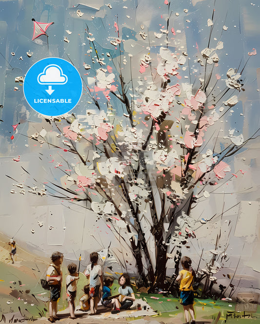 Oil painting spring picnic cherry blossom kites flowers