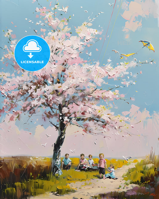 Impressionistic Spring Picnic Under Cherry Tree with Kite-Flying Children and Pink Blossoms