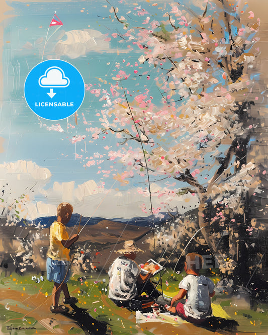 Vibrant Oil Painting: Springtime Picnic under Blossoming Cherry Tree with Kite Flying Children and Group Gathering