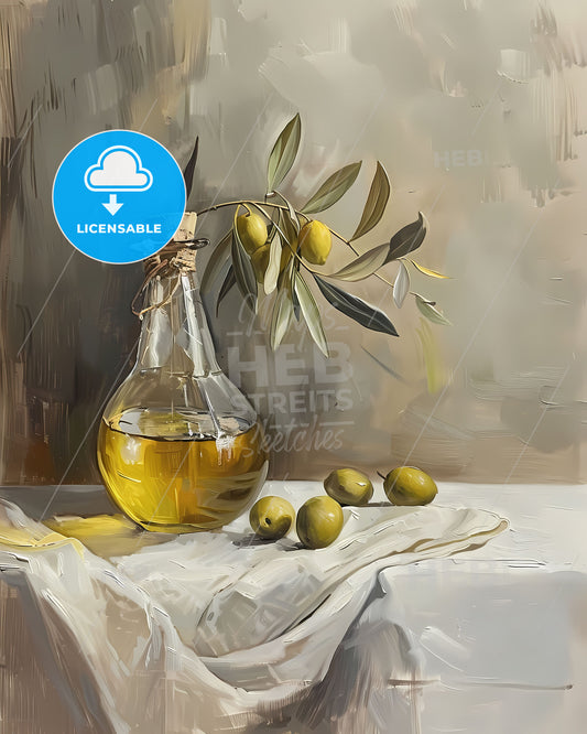Fine Art Painting: Glass Bottle with Olive Oil and Green Olives on White Tablecloth, 1880s, Broad Gestural Style, Saturated Pigment Pools, Visible Brush Strokes, Muted Tonality