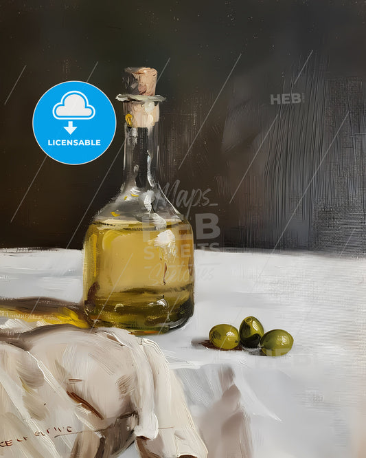 Oil Still Life: 1880s Painting with Olive Oil Vase, Olives, Broad Brushstrokes, Muted Tones, Art Focus