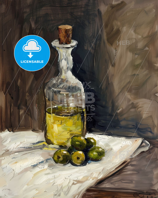 High-quality image of an 1880s oil painting on canvas of glass vase with oil and olives in broad brushwork and muted colors