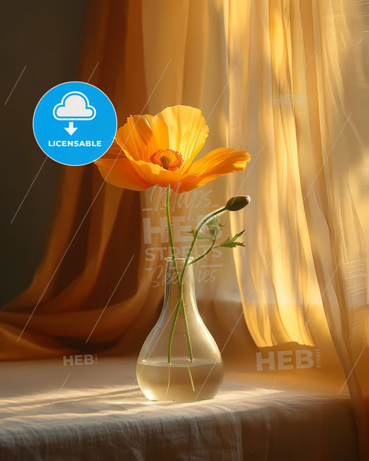 Vibrant Painting Art Print, Orange Poppy in Vase, Yellow Flower, Home Decor, Wall Art