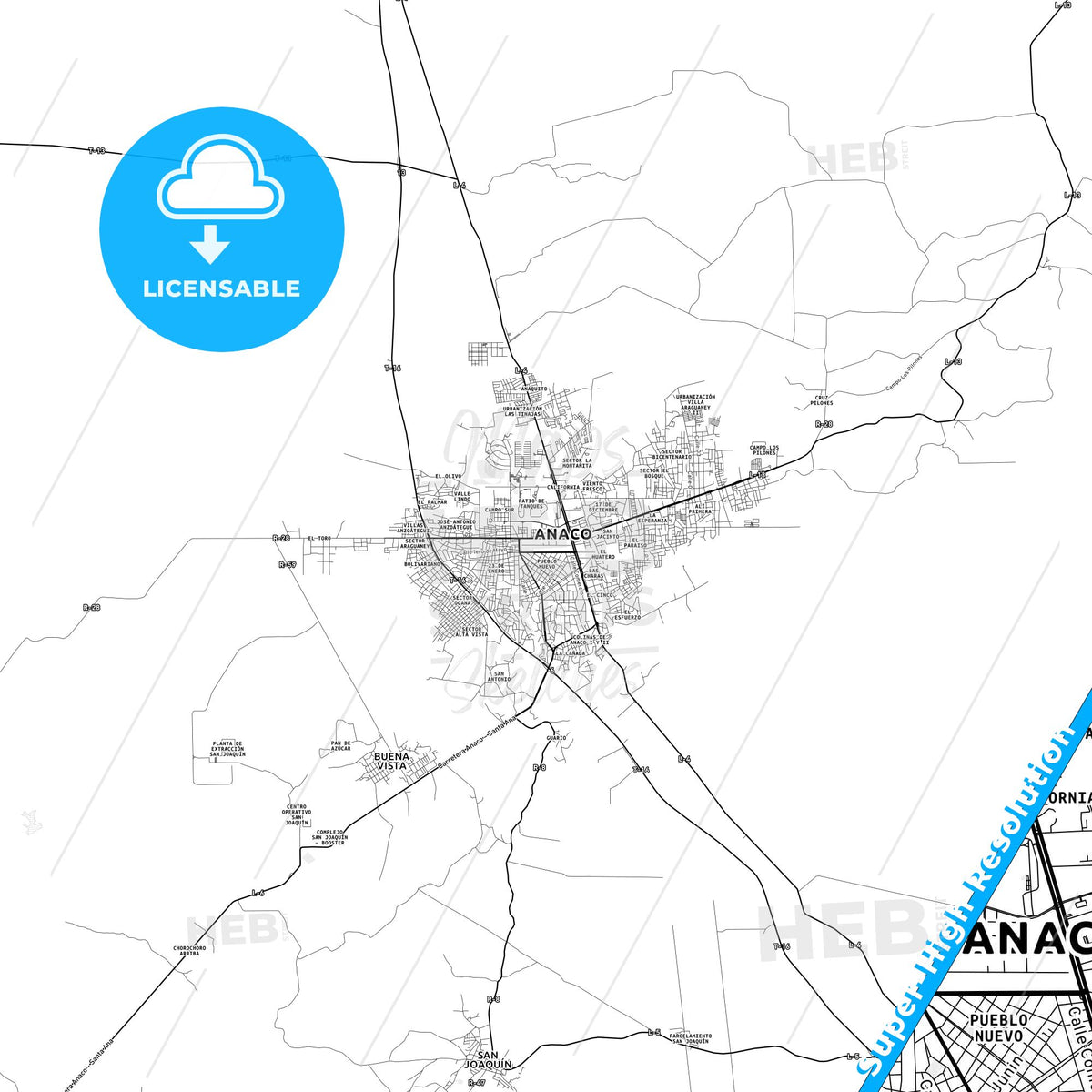 Anaco, Venezuela light map with streetnames, citynames and districts