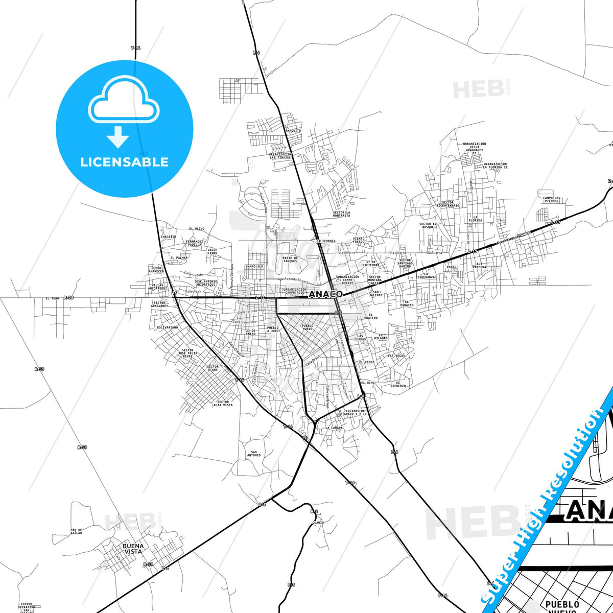 Anaco, Venezuela Light Map with Street Names, City Names, and Districts