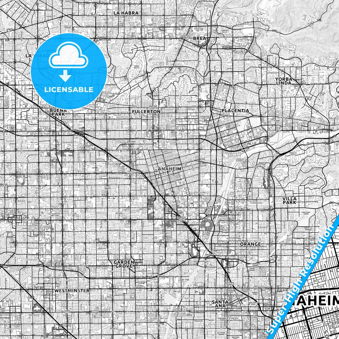 Anaheim, California light map with streetnames, citynames and districts
