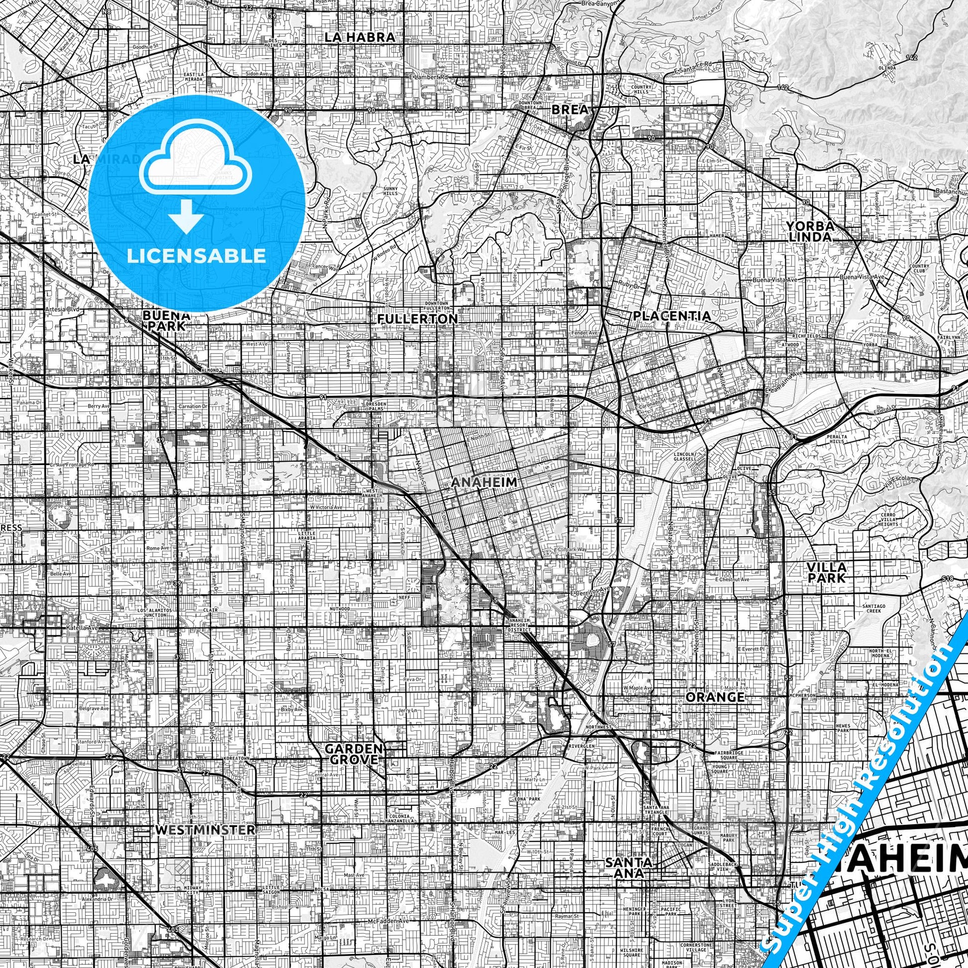 Anaheim, California light map with streetnames, citynames and districts