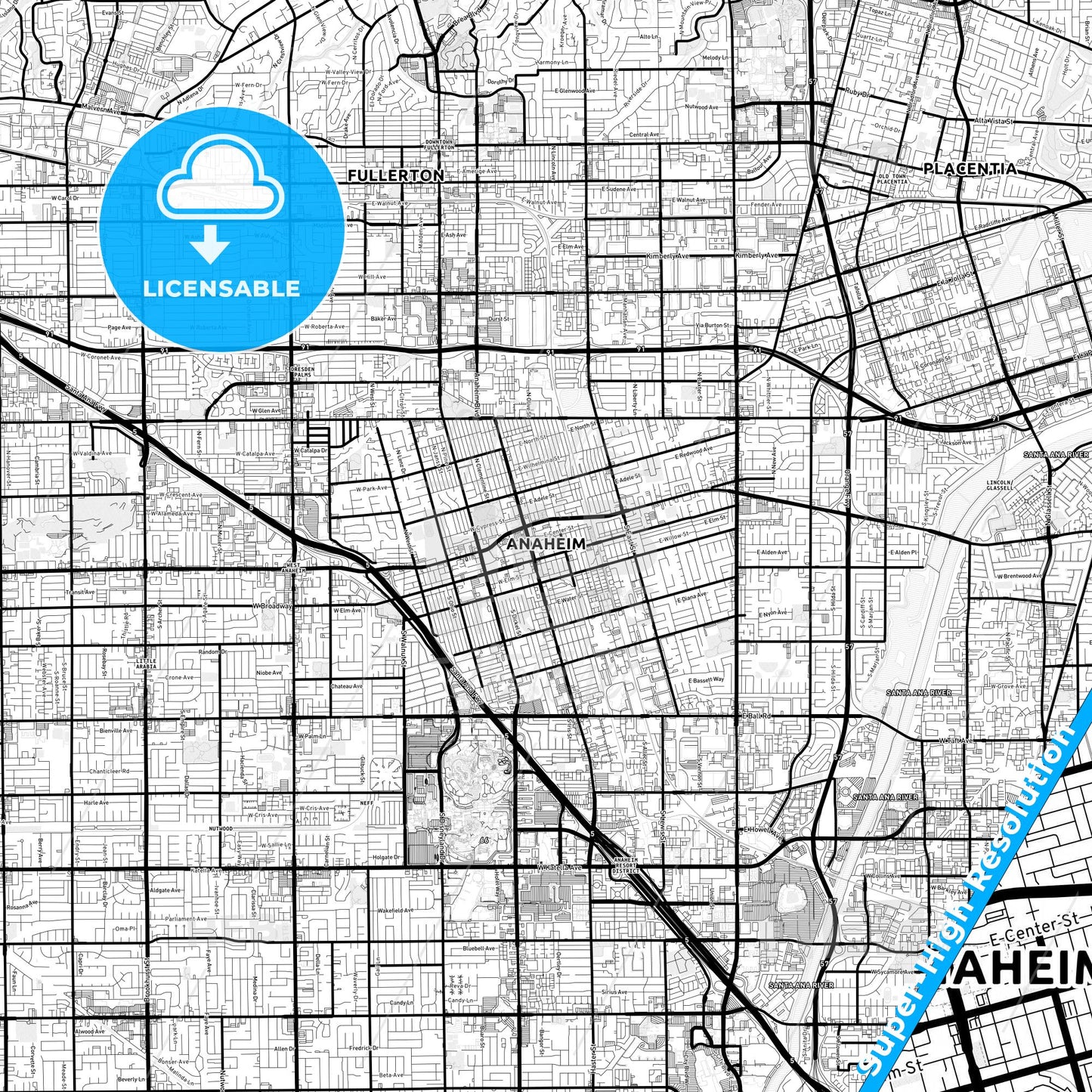 Anaheim, California Light Map with Street Names, City Names, and Districts