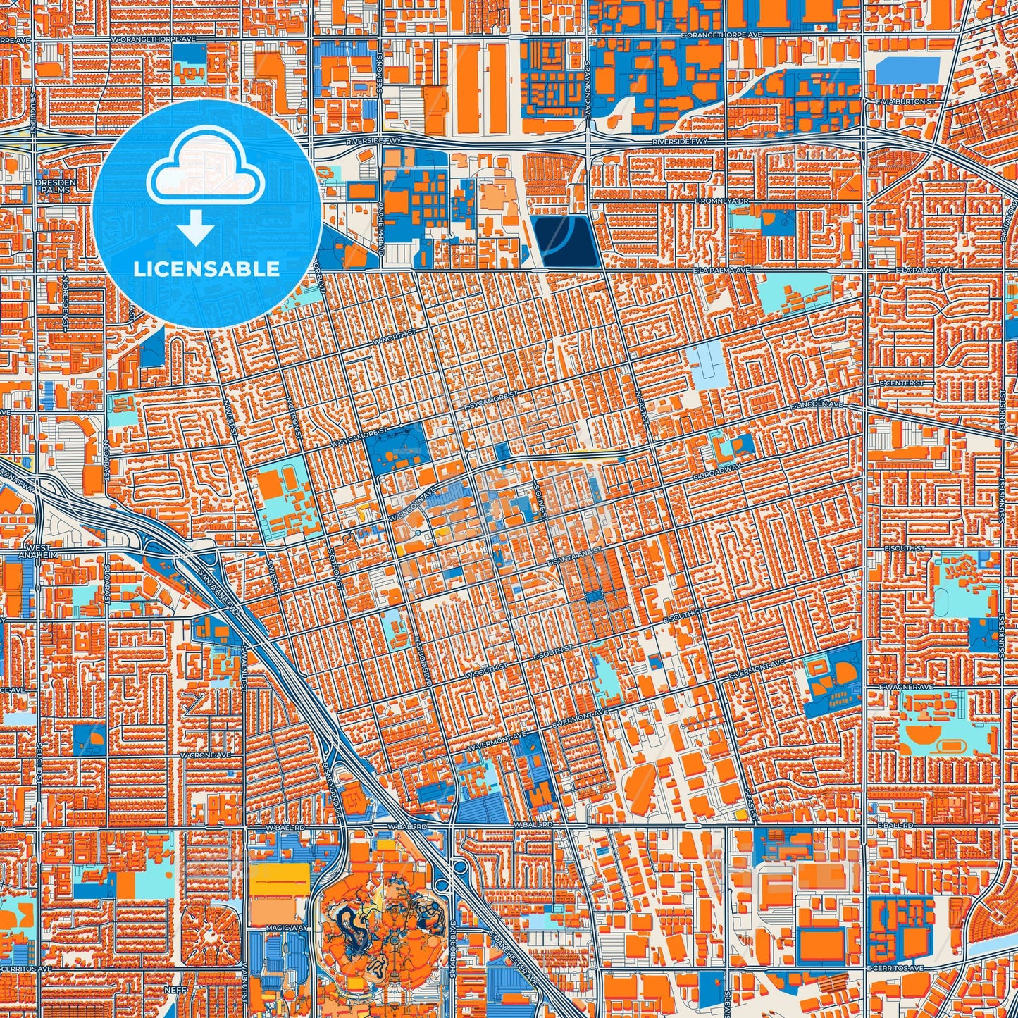 Colorful Anaheim Street Map with Labels and Buildings