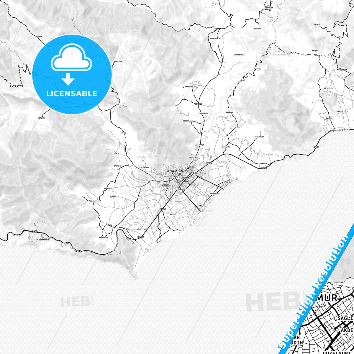 Anamur, Turkey light map with streetnames, citynames and districts