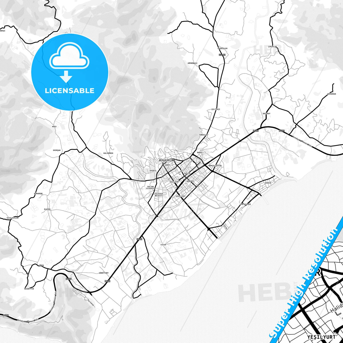 Anamur, Turkey Light Map with Street Names, City Names, and Districts
