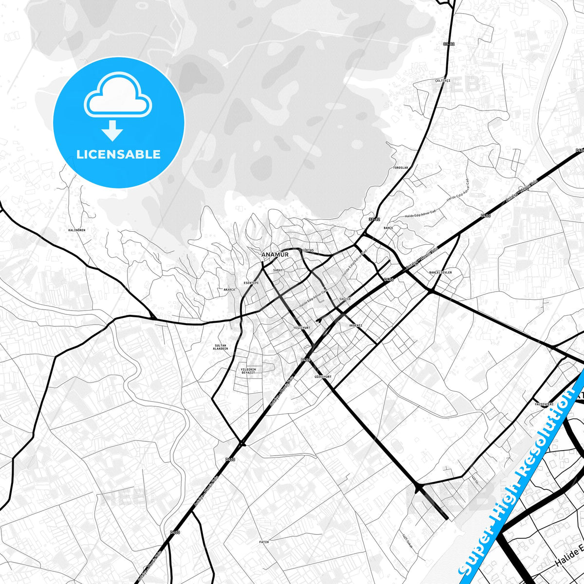 Anamur, Turkey Light Map with Street Names, City Names, and Districts