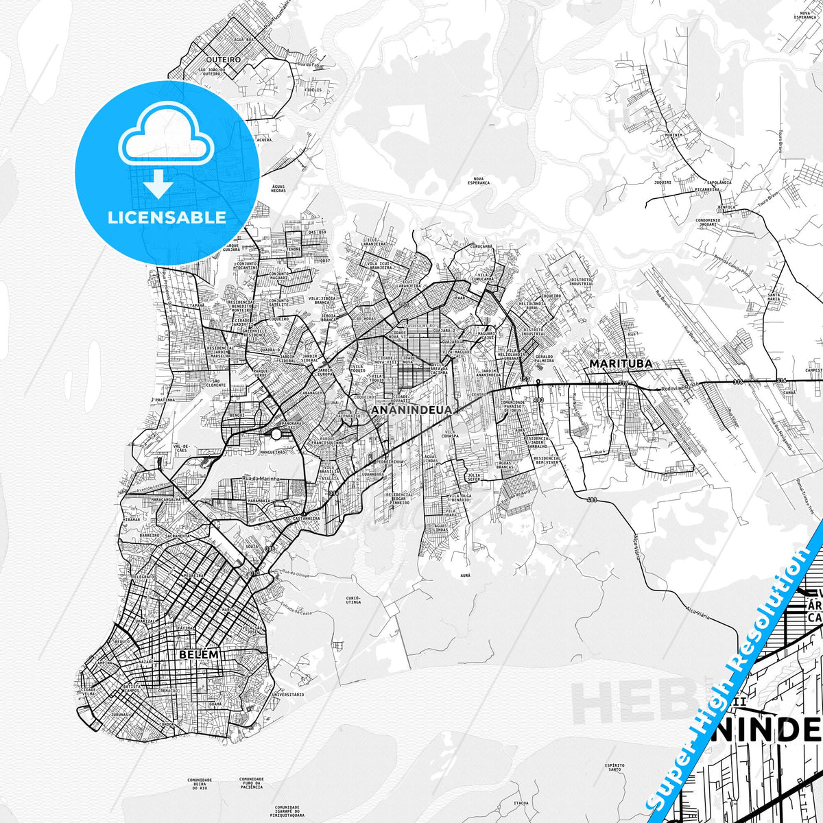 Ananindeua, Brazil light map with streetnames, citynames and districts