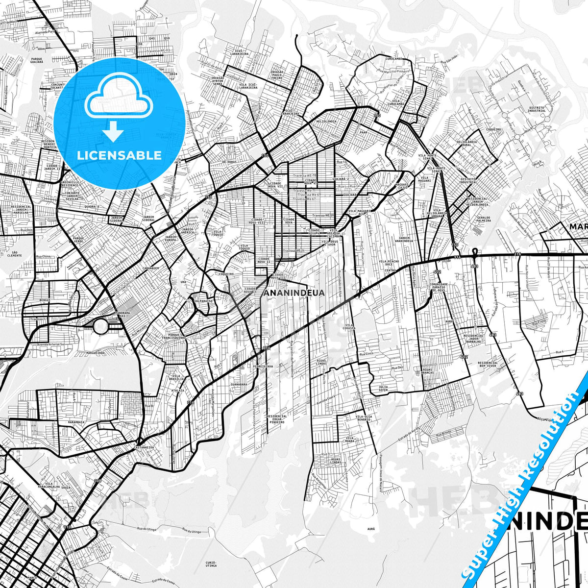 Ananindeua, Brazil Light Map with Street Names, City Names, and Districts