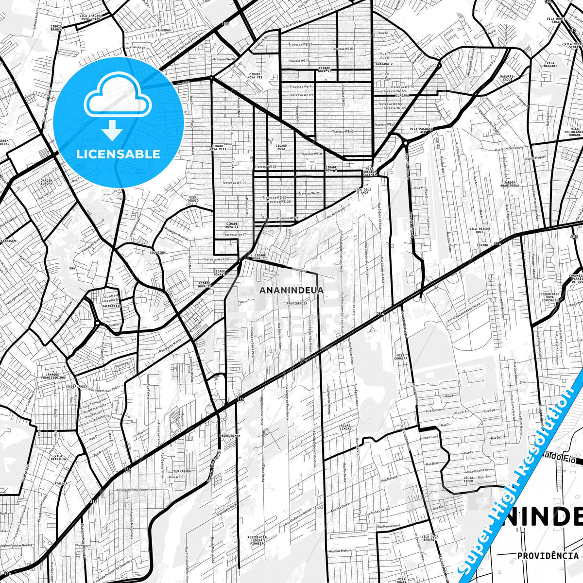 Ananindeua, Brazil Light Map with Street Names, City Names, and Districts