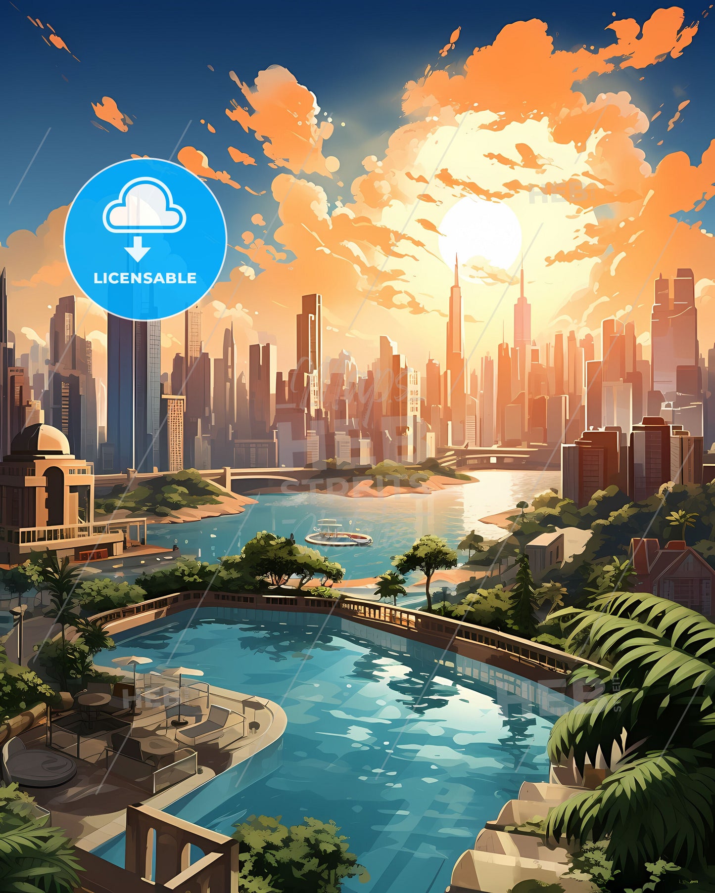 Ananindeua Cityscape Brazil, Poolside Skyscrapers, Art Painting, River