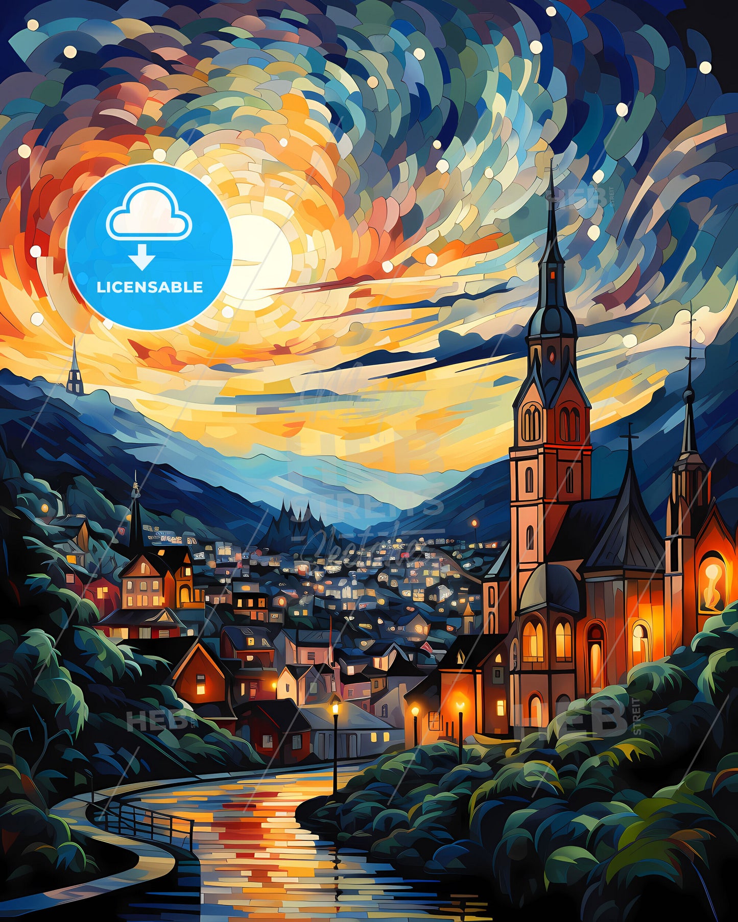 Ananindeua Brazil Skyline Painting: Colorful Art Depiction of Riverfront City and Church