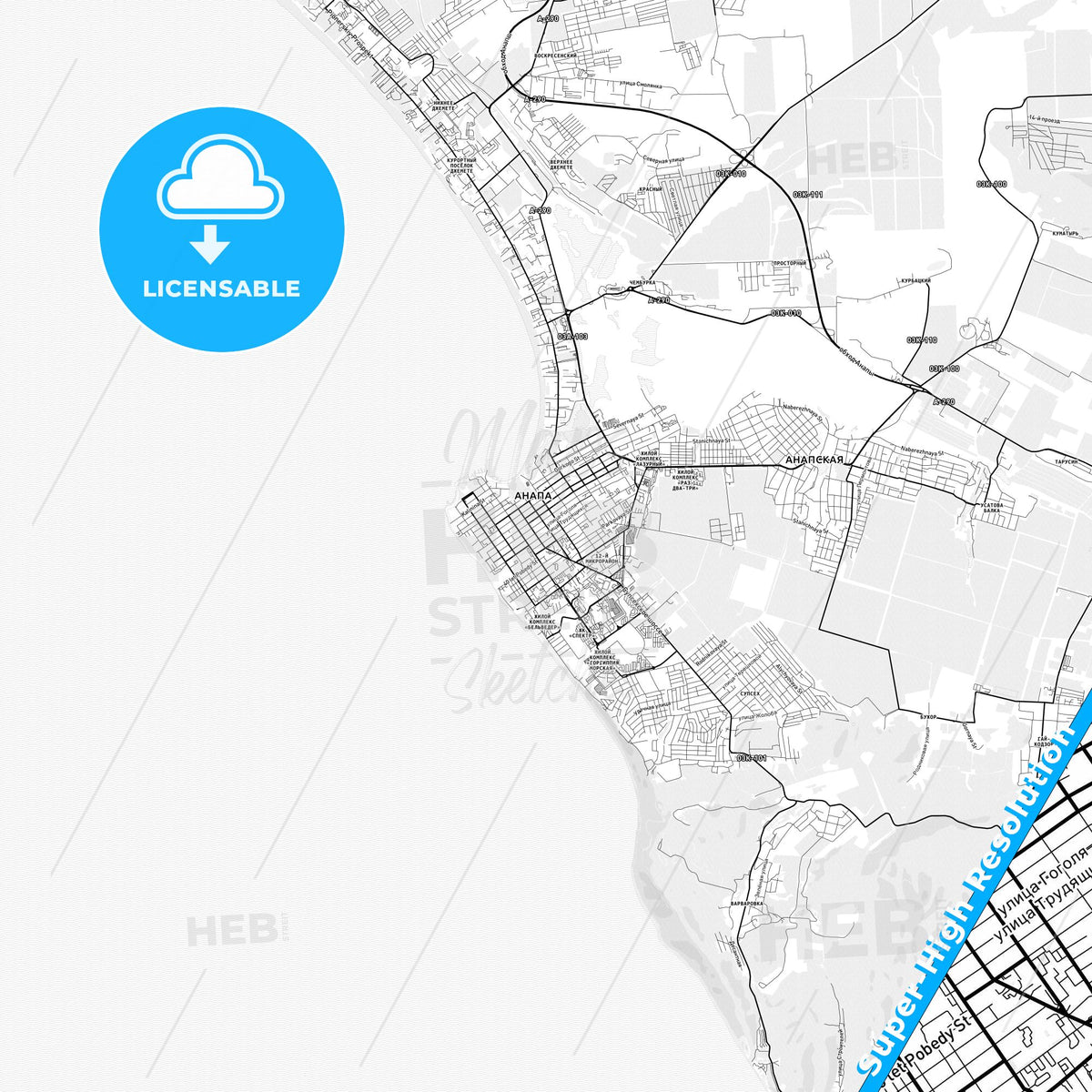 Anapa, Russia light map with streetnames, citynames and districts