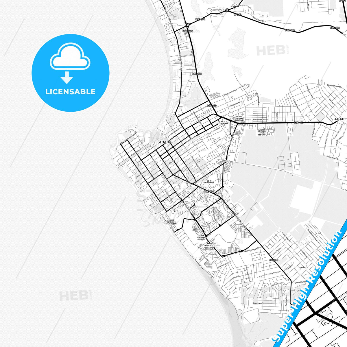 Anapa, Russia Light Map with Street Names, City Names, and Districts