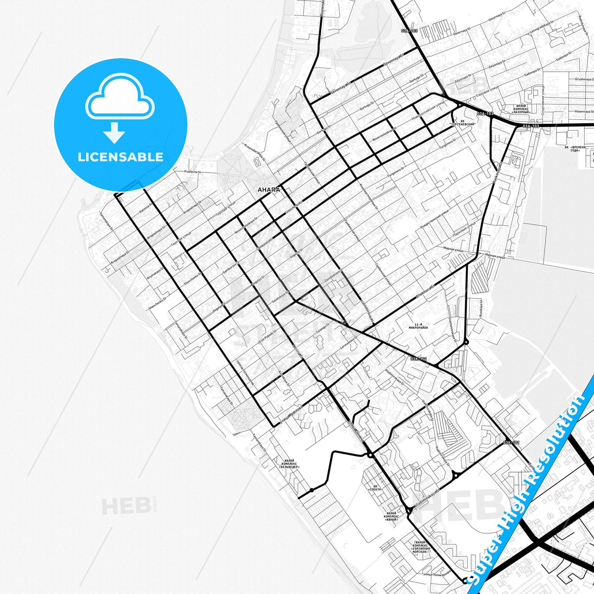 Anapa, Russia Light Map with Street Names, City Names, and Districts